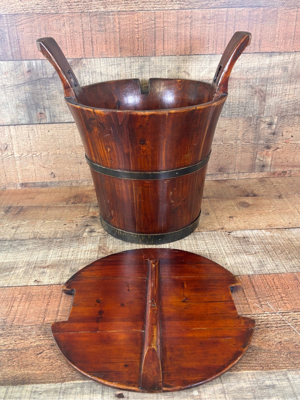 Vintage Chinese Lacquered Rice Bucket With Locking Lid & Handle Home Decor - Picture 8 of 14